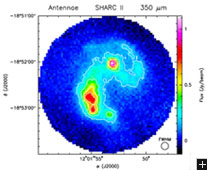 La même image mais dans l’infrarouge submillimétrique à 350 µm. NASA – Hubble et Caltech Sharc II