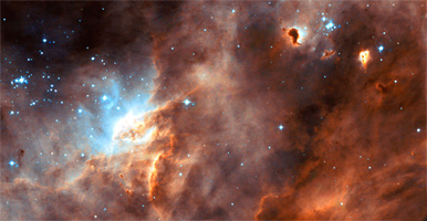 Amas d’étoiles dans le milieu interstellaire et nouvelles étoiles mises à nu dans les nuages moléculaires. Crédits : NASA & ESA 